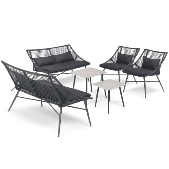 Gartenlounge-Set aus Seilen mit 2 Sofas, 2 Sesseln und 2 ineinander verschachtelten Couchtischen