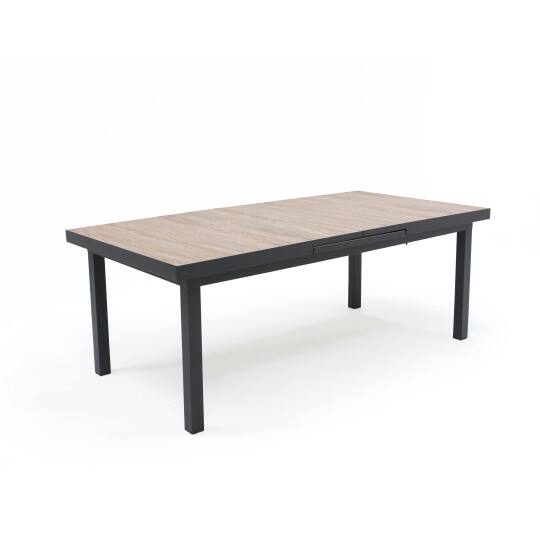 Esstisch ausziehbar, rechteckig, aus Keramik in grauer Holzoptik und Aluminium, für 10 bis 12 Personen | Oviala