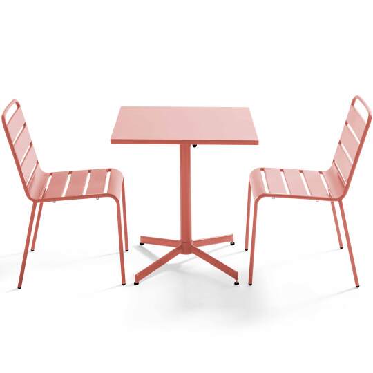Gartentisch im Bistro-Stil, quadratisch, neigbar, aus Metall, 70x70 cm, und 2 Stühle | Oviala