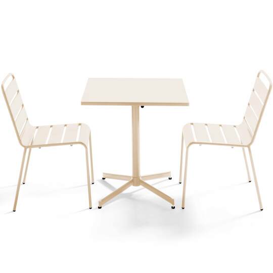 Klappbarer quadratischer Bistrot-Gartentisch 70 x 70 cm und 2 Metallstühle