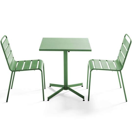 Gartentisch im Bistro-Stil, quadratisch, neigbar, aus Metall, 70x70 cm, und 2 Stühle | Oviala