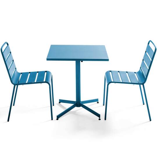 Klappbarer quadratischer Bistrot-Gartentisch 70 x 70 cm und 2 Metallstühle
