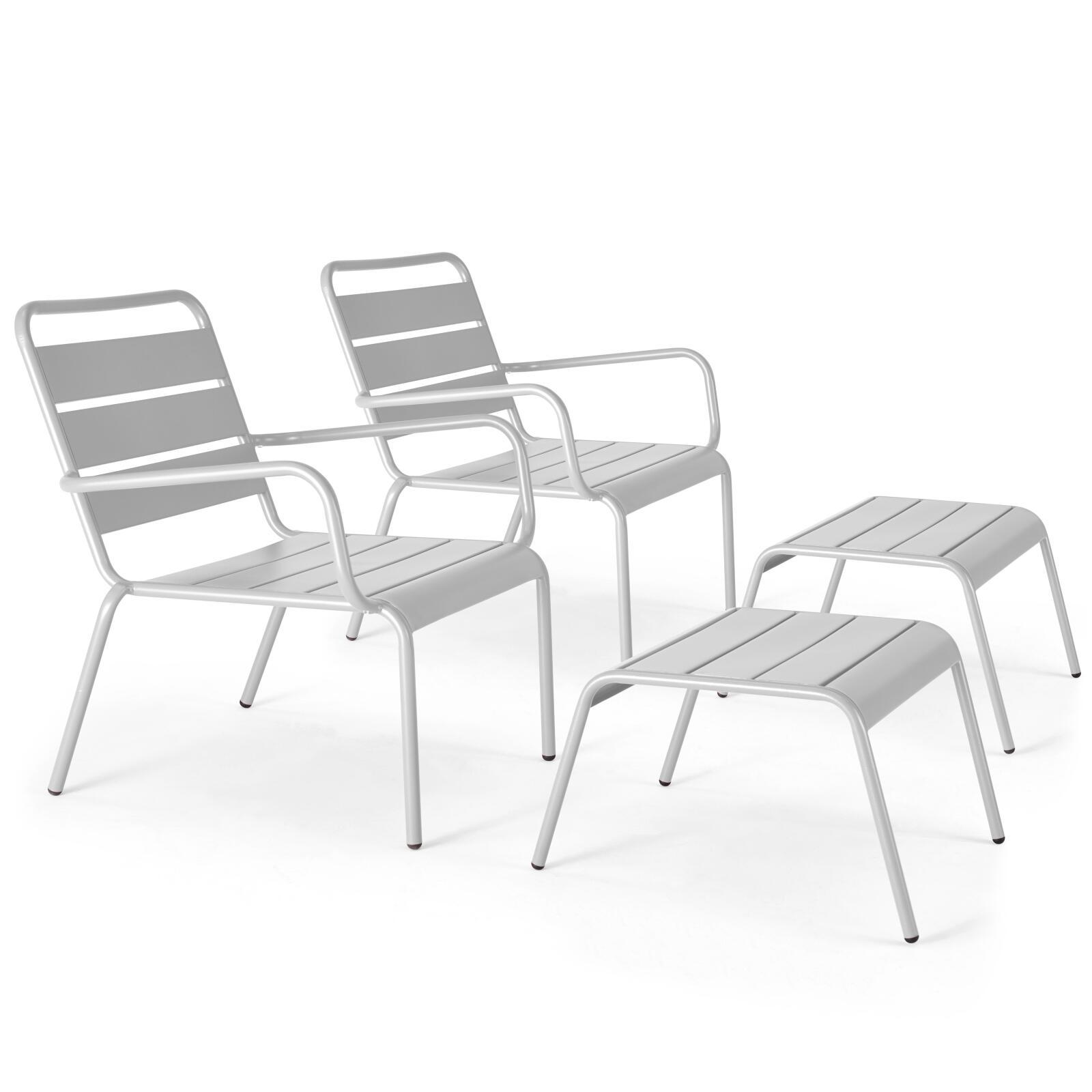 Set aus 2 niedrigen Metall-Sesseln und Fußstützen 