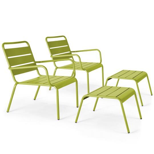 Set aus 2 niedrigen Metall-Sesseln und Fußstützen