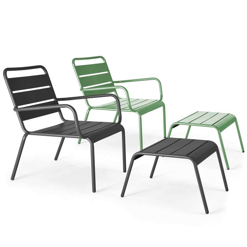 Set aus 2 niedrigen Sesseln mit ungleichen anthrazitgrauen Metall-Fußstützen + 1 Farbe