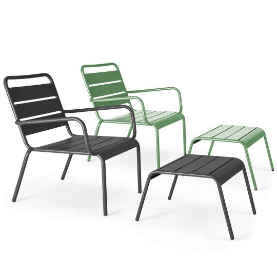 Set aus 2 niedrigen Sesseln mit ungleichen anthrazitgrauen Metall-Fußstützen + 1 Farbe