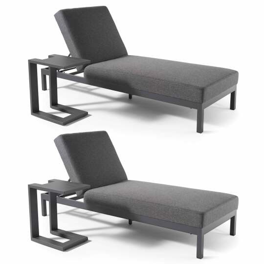 Set aus 2 Sonnenliegestühlen mit Kissen und Tabletts, 5-fach verstellbar