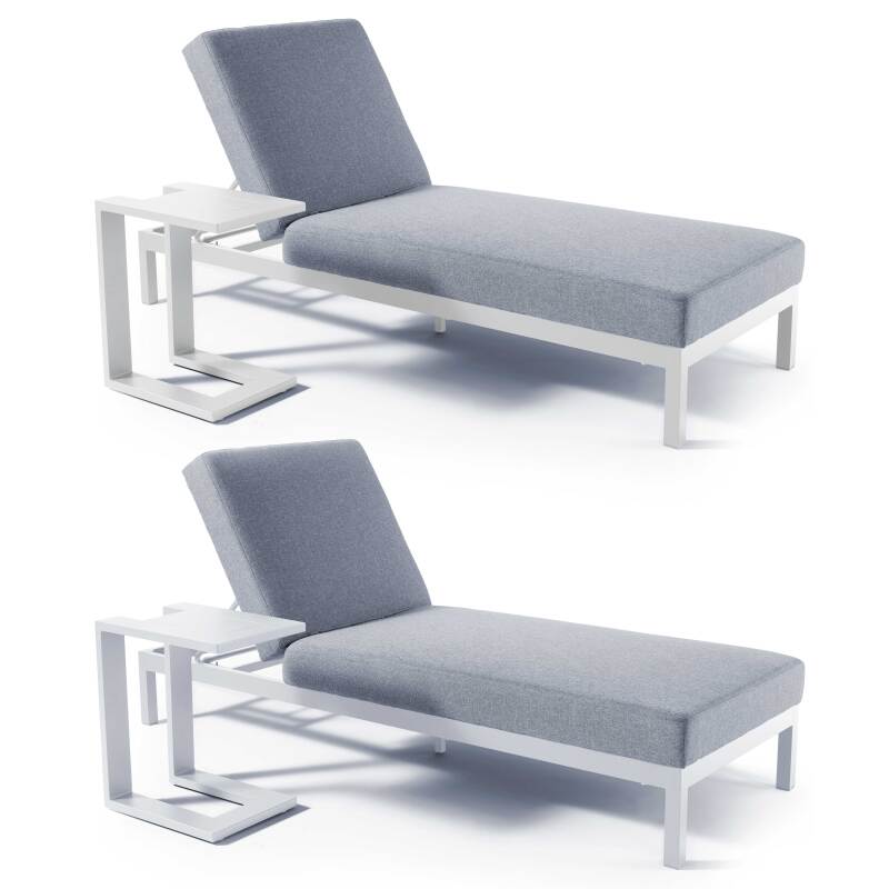 Set aus 2 Sonnenliegestühlen mit Kissen und Tabletts, 5-fach verstellbar 