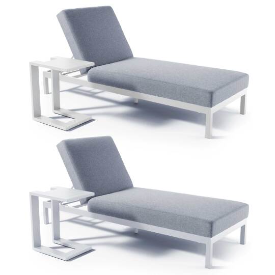 Set aus 2 Sonnenliegestühlen mit Kissen und Tabletts, 5-fach verstellbar