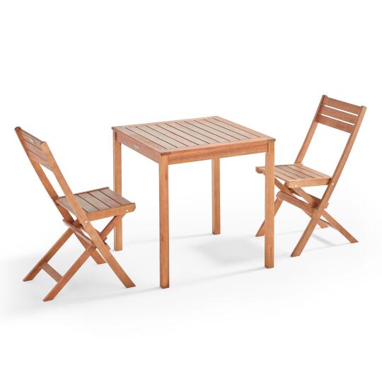 Quadratischer Gartentisch 70 x 70 cm + 2 klappbare Stühle aus FSC®-zertifiziertem Eukalyptusholz