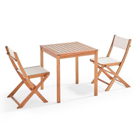 Quadratischer Gartentisch 70 x 70 cm und 2 klappbare Stühle aus Textilene und FSC®-zertifiziertem Eukalyptusholz