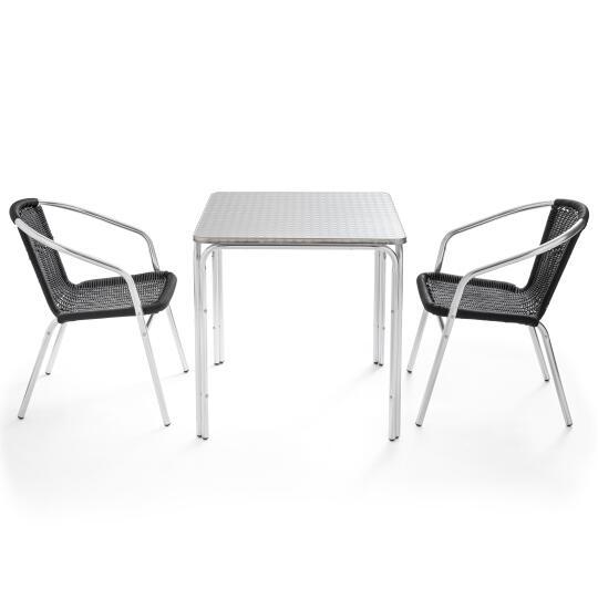 Quadratischer Gartentisch 70 x 70 cm und 2 stapelbare Stühle mit Armlehnen aus geflochtenem Harz