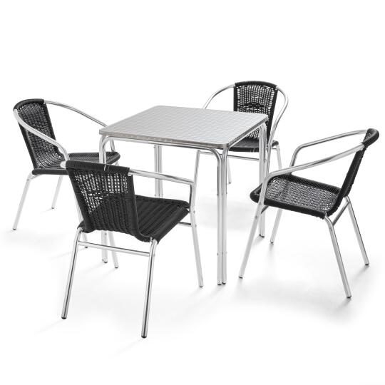 Quadratischer Gartentisch 70 x 70 cm und 4 stapelbare Stühle mit Armlehnen aus geflochtenem Harz