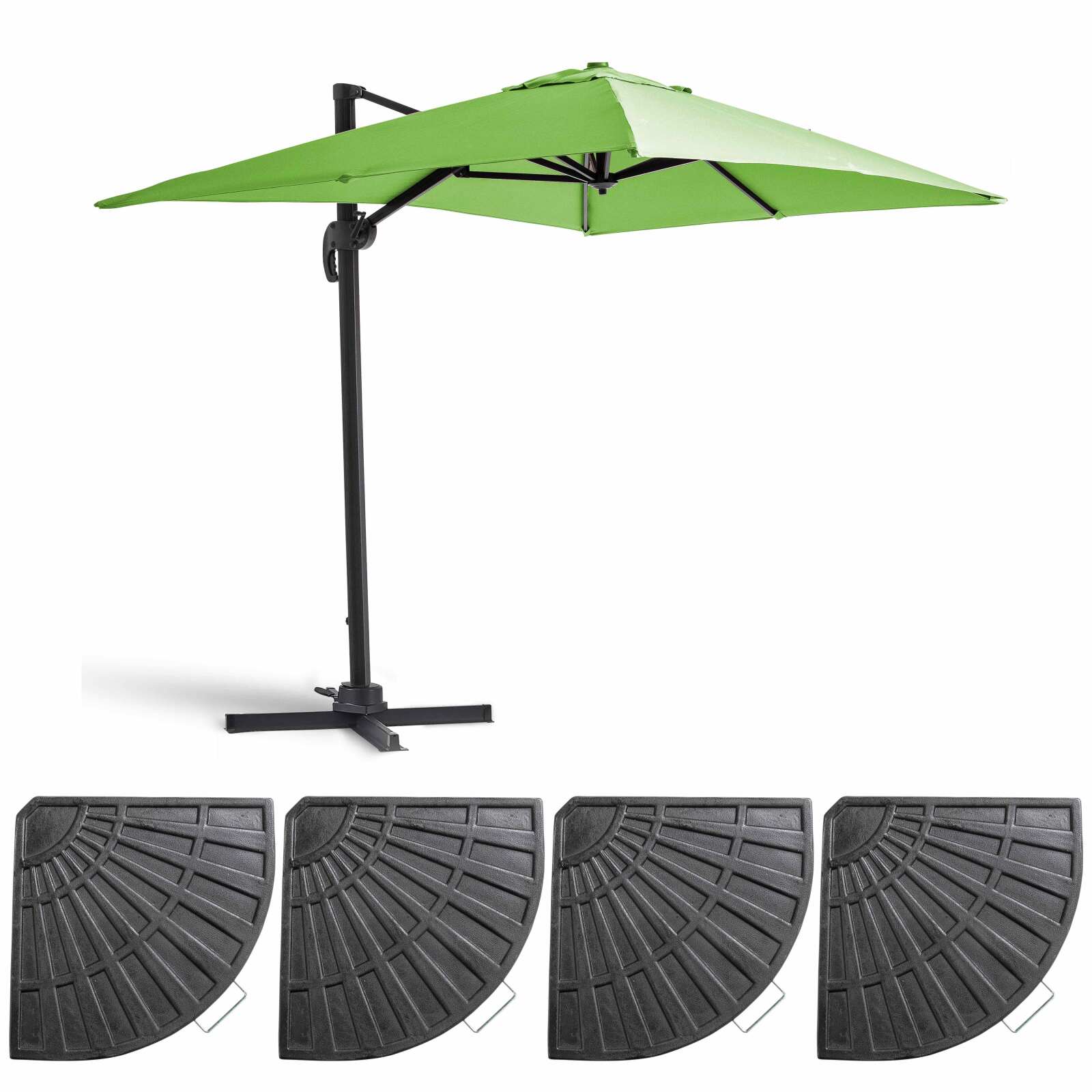 Set aus Sonnenschirm kippbar, 360 Grad drehbar (2 x 3m) + 4 beschwerte Platten Set aus Sonnenschirm kippbar, 360 Grad drehbar (2 x 3m) + 4 beschwerte Platten