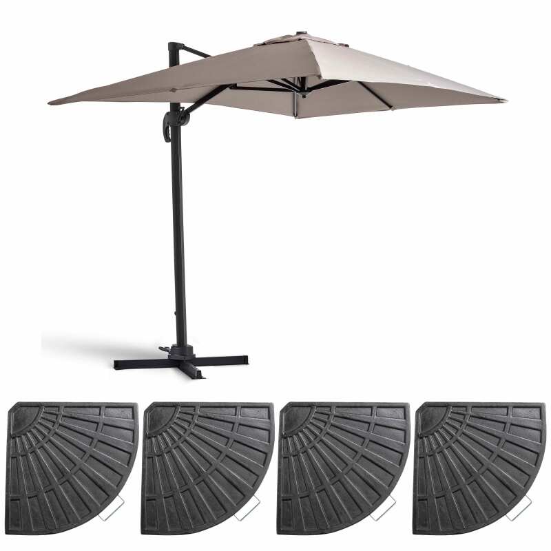 Set aus Sonnenschirm kippbar, 360 Grad drehbar (2 x 3m) + 4 beschwerte Platten