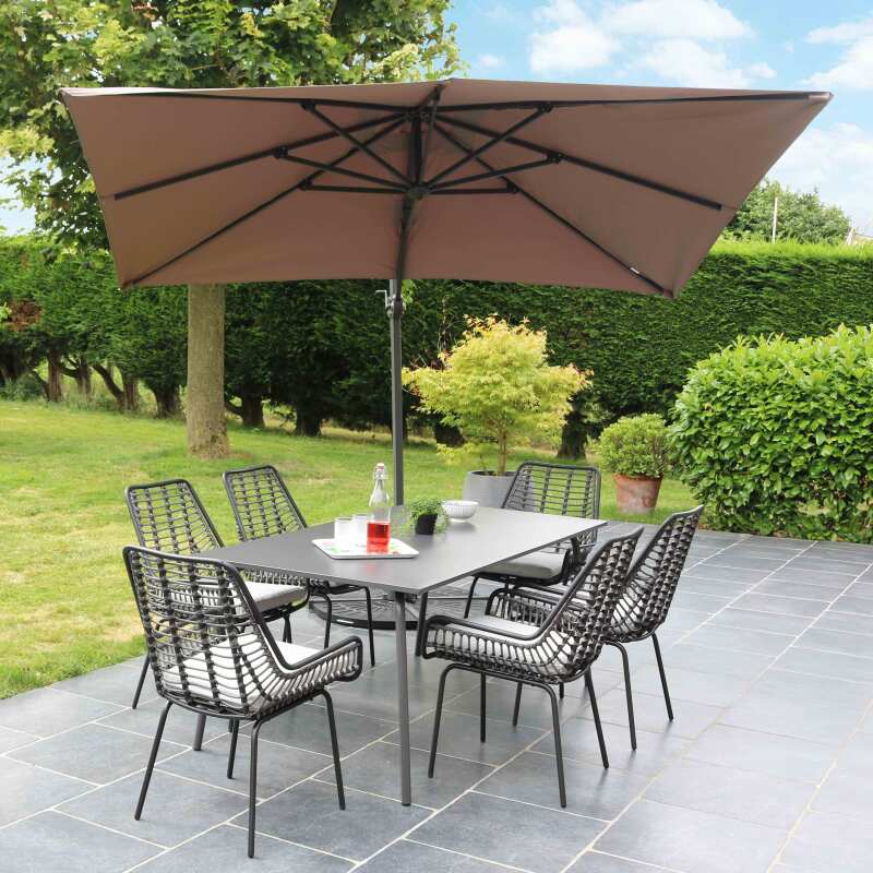 Set aus Sonnenschirm kippbar, 360 Grad drehbar (2 x 3m) + 4 beschwerte Platten