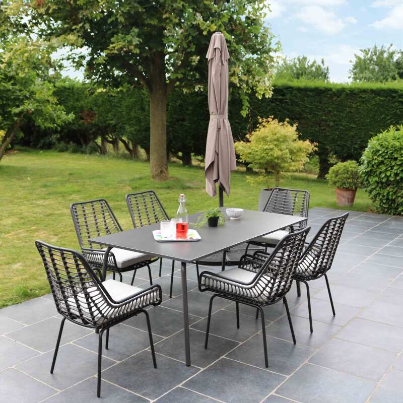 Set aus Sonnenschirm kippbar, 360 Grad drehbar (2 x 3m) + 4 beschwerte Platten