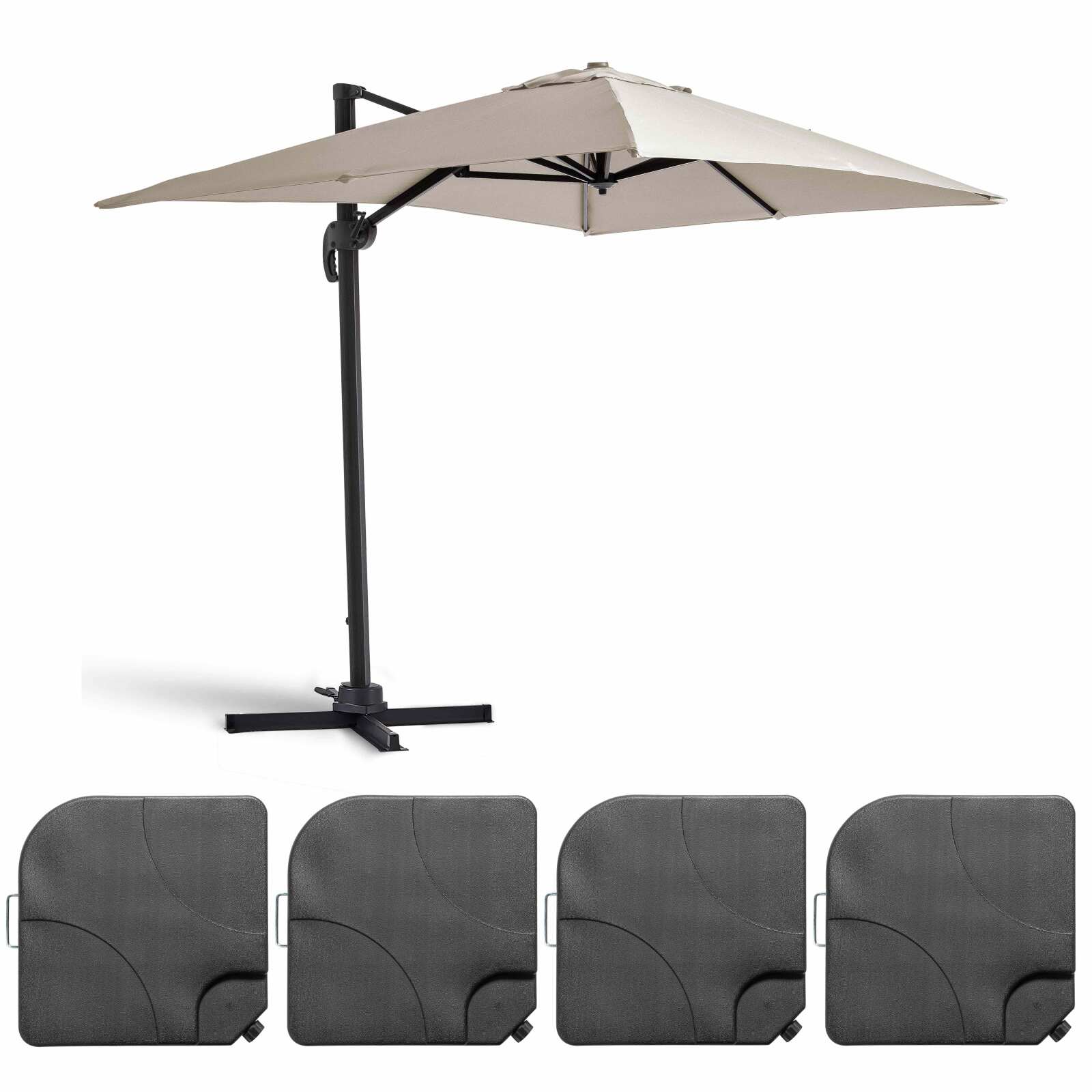 Set aus rechtekiger Ampelschirm (2x3m) mit 360° Drehung + 4 befüllbare Gewichtsplatten Set aus rechtekiger Ampelschirm (2x3m) mit 360° Drehung + 4 befüllbare Gewichtsplatten