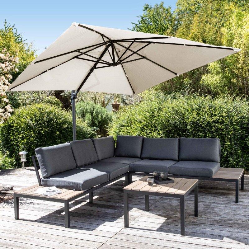 Set Sonnenschirm mit versetztem Quadratischerm Schirm (3 x 3 m) drehbar um 360° + 4 beschwerte Platten