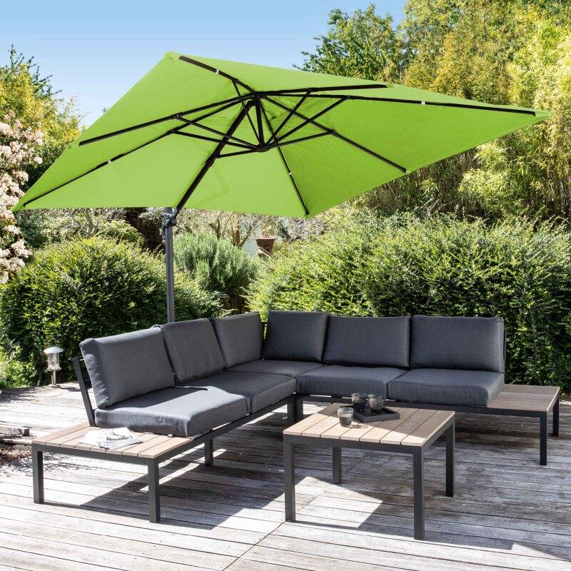 Set Sonnenschirm mit versetztem Quadratischerm Schirm (3 x 3 m) drehbar um 360° + 4 beschwerte Platten