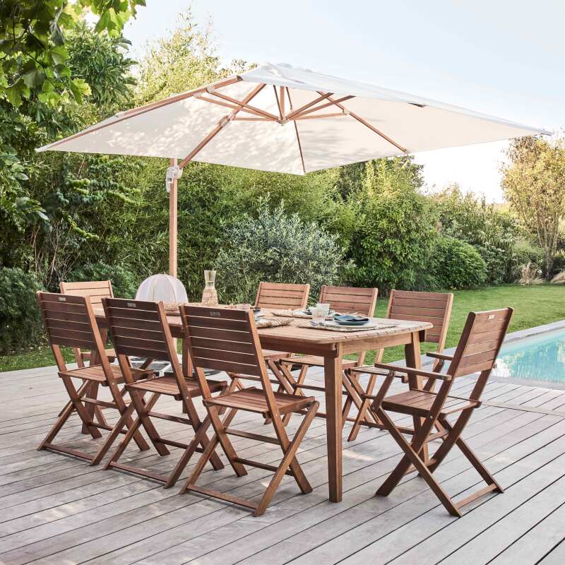 Rechteckiger ausziehbarer Gartentisch mit 8 Stühlen und 2 Armlehnenstühlen aus FSC®-Eukalyptusholz