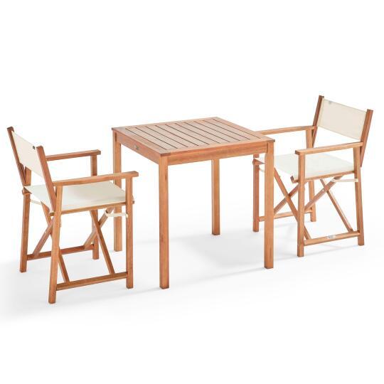 Quadratischer Gartentisch 70 x 70 cm + 2 Klappstühle mit Armlehnen aus FSC®-Holz und Textilene