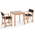 Quadratischer Gartentisch 70 x 70 cm + 2 Klappstühle mit Armlehnen aus FSC®-Holz und Textilene 