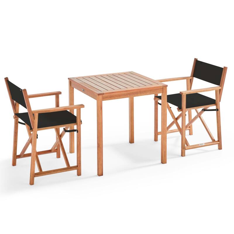 Quadratischer Gartentisch 70 x 70 cm + 2 Klappstühle mit Armlehnen aus FSC®-Holz und Textilene 