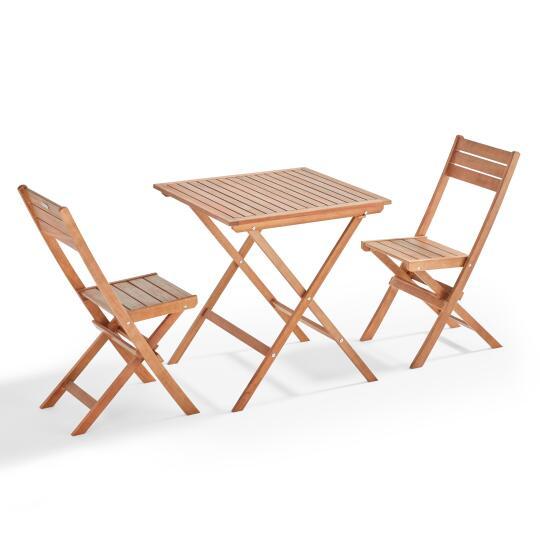 Quadratischer Gartentisch 70 x 70 cm + 2 klappbare Stühle aus FSC®-zertifiziertem Eukalyptusholz