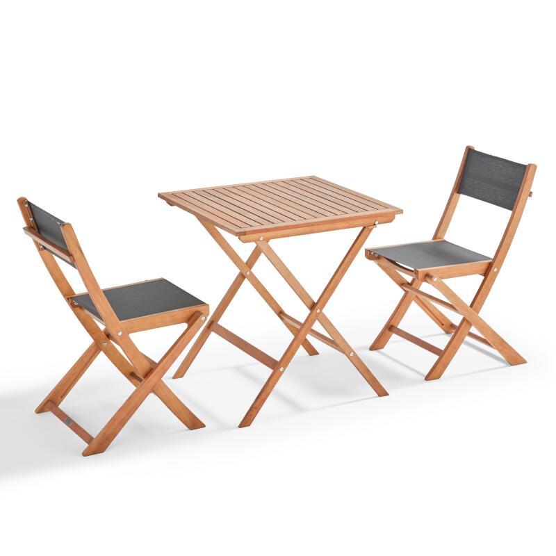 Klappbarer quadratischer Gartentisch 70 x 70 cm mit 2 klappbaren Stühlen aus FSC®-Holz und Textilene 
