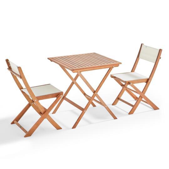 Klappbarer quadratischer Gartentisch 70 x 70 cm mit 2 klappbaren Stühlen aus FSC®-Holz und Textilene