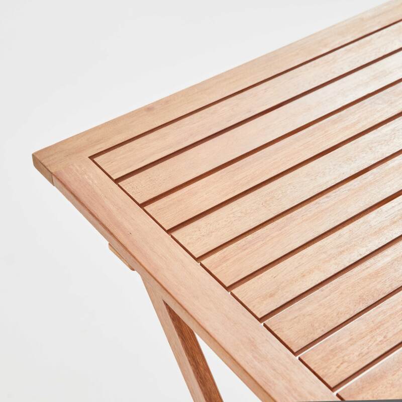 Klappbarer quadratischer Gartentisch 70 x 70 cm mit 2 klappbaren Stühlen aus FSC®-Holz und Textilene