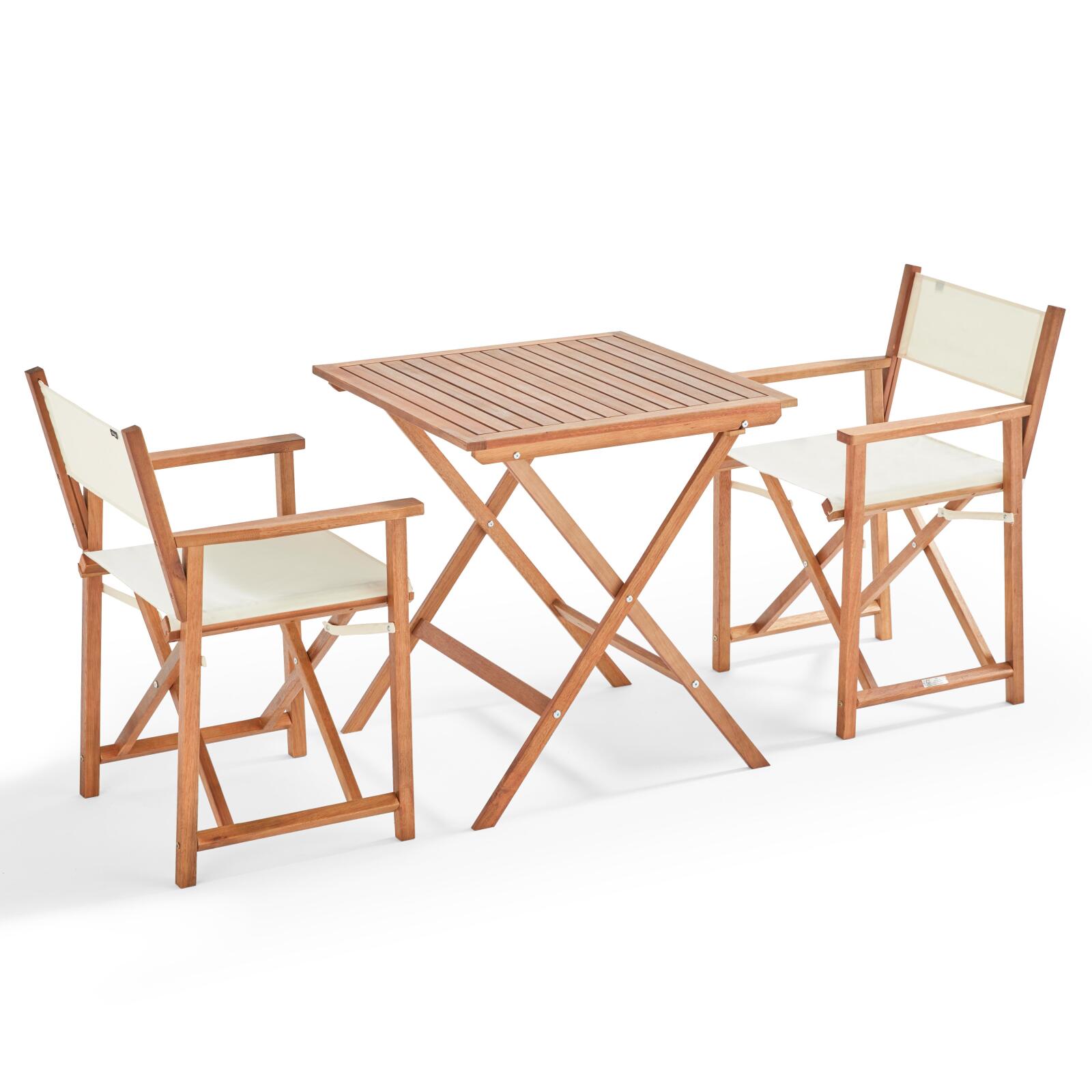 Quadratischer Bistrot-Tisch 70 x 70 cm + 2 Stühle mit klappbaren Armlehnen aus FSC®-Holz und Textilene 