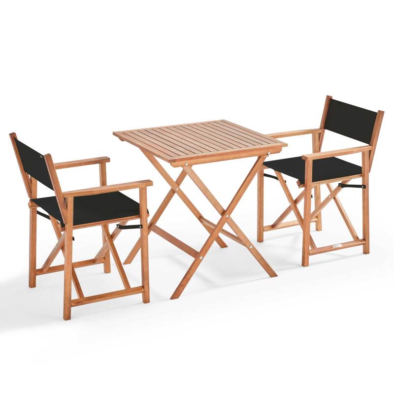 Quadratischer Bistrot-Tisch 70 x 70 cm + 2 Stühle mit klappbaren Armlehnen aus FSC®-Holz und Textilene