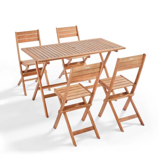 Rechteckiger Gartentisch 140 x 70 cm + 4 klappbare Stühle aus FSC®-zertifiziertem Eukalyptusholz