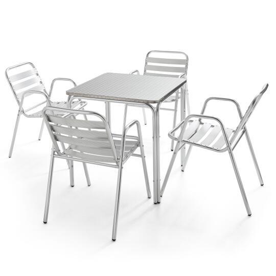 Quadratischer Gartentisch aus Aluminium mit den Maßen 70 x 70 cm und 4 stapelbaren Stühlen mit Armlehnen