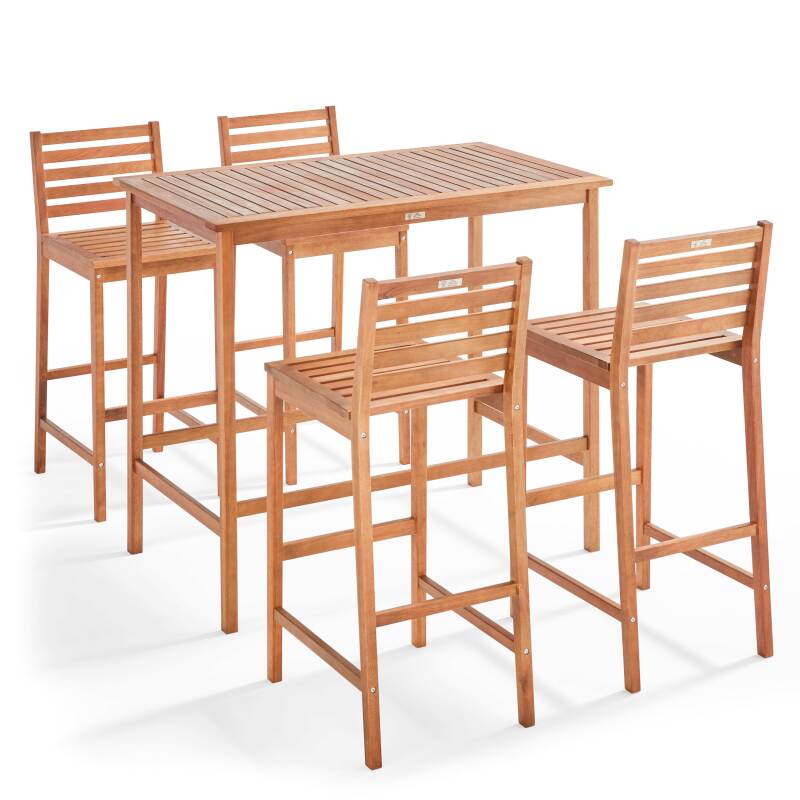 Bar-Tisch 120 x 70 cm + 4 hohe Stühle aus FSC®-zertifiziertem Eukalyptusholz 