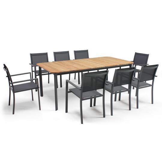 Rechteckiger Garten-Tisch aus Aluminium/Teakholz mit den Maßen 200 x 100 cm und 8 Stühlen mit Armlehnen