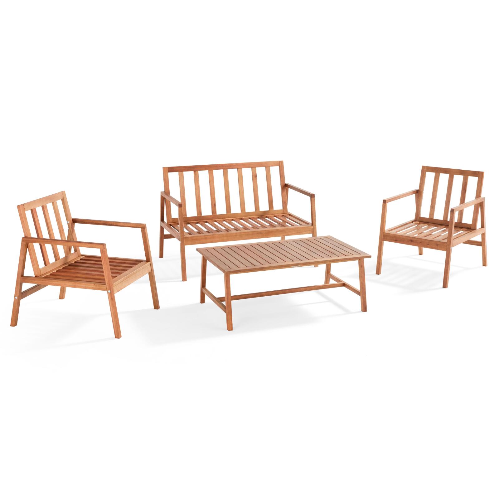 Gartenlounge-Set aus FSC®-zertifiziertem Eukalyptusholz mit 1 Sofa, 2 Sesseln und einem Couchtisch Gartenlounge-Set aus FSC®-zertifiziertem Eukalyptusholz mit 1 Sofa, 2 Sesseln und einem Couchtisch