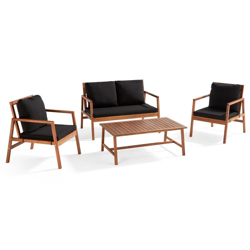 Gartenlounge-Set aus FSC®-zertifiziertem Eukalyptusholz mit 1 Sofa, 2 Sesseln und einem Couchtisch 