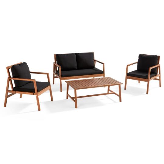 Gartenlounge-Set aus FSC®-zertifiziertem Eukalyptusholz mit 1 Sofa, 2 Sesseln und einem Couchtisch