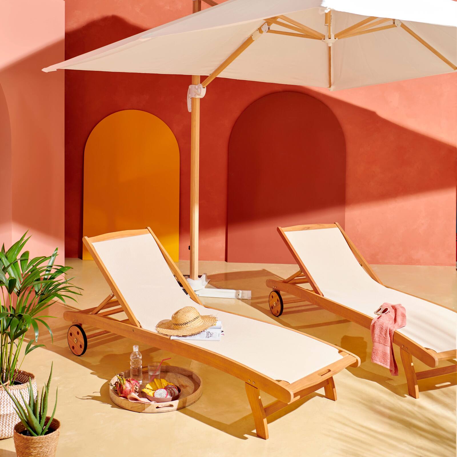 Set aus Sonnenschirm kippbar(3 x 3m) + 4 befüllbare Gewichtsplatten Set aus Sonnenschirm kippbar(3 x 3m) + 4 befüllbare Gewichtsplatten