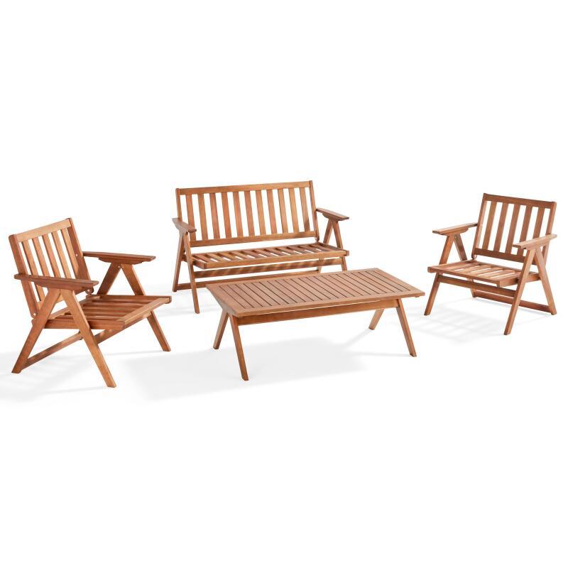 Gartenlounge-Set aus FSC®-zertifiziertem Eukalyptusholz mit 1 Sofa, 2 Sesseln und einem Couchtisch 