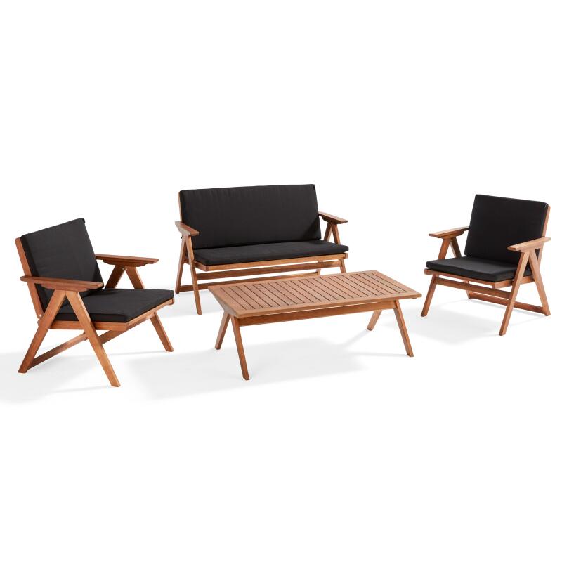 Gartenlounge-Set aus FSC®-zertifiziertem Eukalyptusholz mit 1 Sofa, 2 Sesseln und einem Couchtisch
