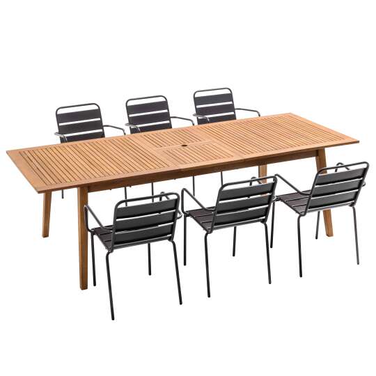 Gartenmöbelset aus exotischem FSC®-zertifiziertem Holz + 6 Stühle aus Stahl