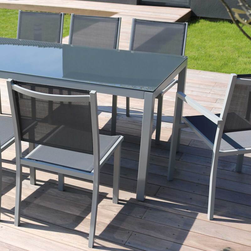 Rechteckiger Gartentisch 180 x 90 cm mit Glasplatte, 6 Stühlen und 2 Stühlen mit Armlehnen