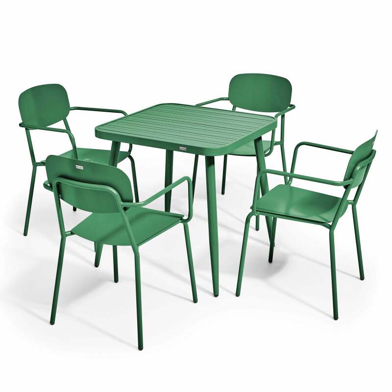 Quadratischer Gartentisch 75 x 75 cm und 4 Stühle mit Armlehnen aus Aluminium 