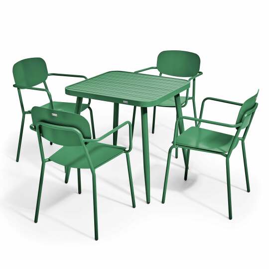 Quadratischer Gartentisch 75 x 75 cm und 4 Stühle mit Armlehnen aus Aluminium