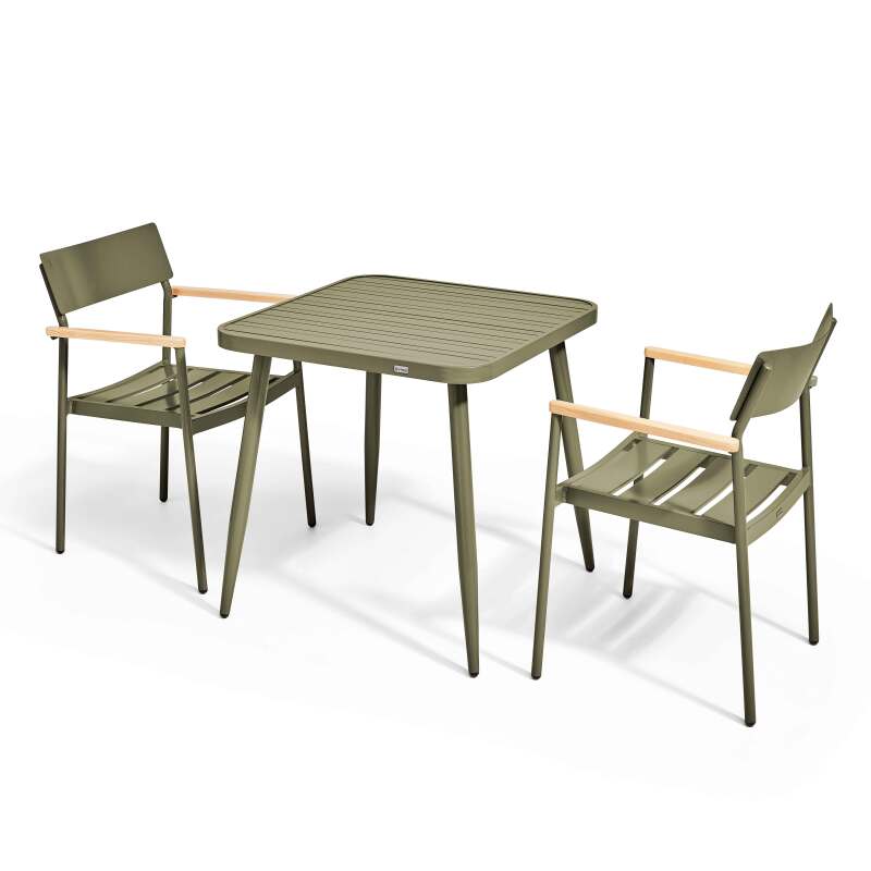 Quadratischer Gartentisch 75 x 75 cm und 2 Stühle mit Armlehnen aus Aluminium und Holz 