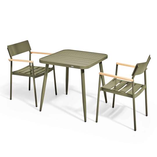 Quadratischer Gartentisch aus Aluminium, 75x75 cm, und 2 Stühle aus Holz, mit Armlehnen | Oviala